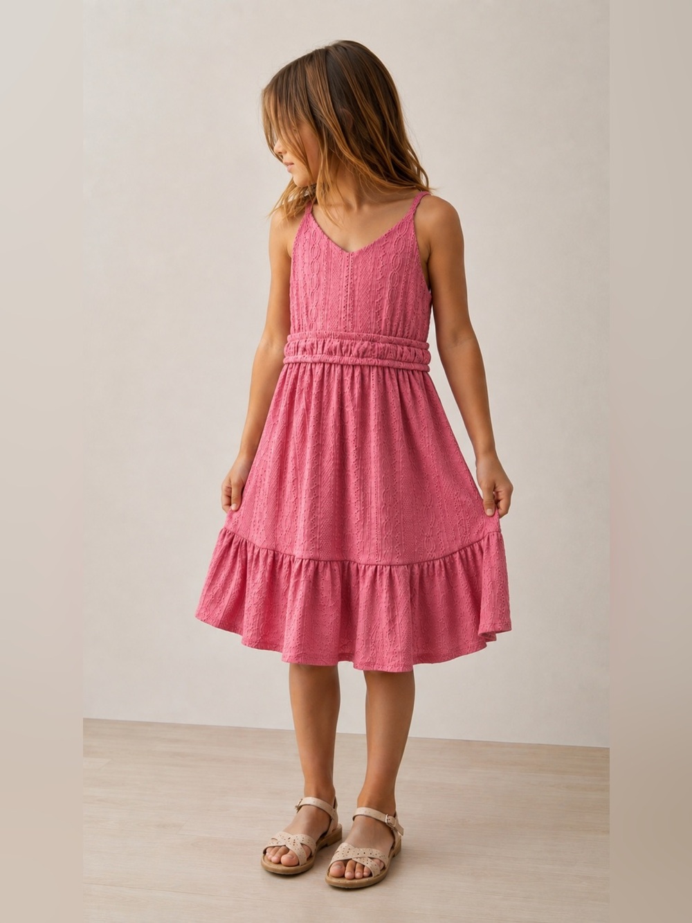 Sugar & Jade Girls Large Pink Textured Tiered Dress